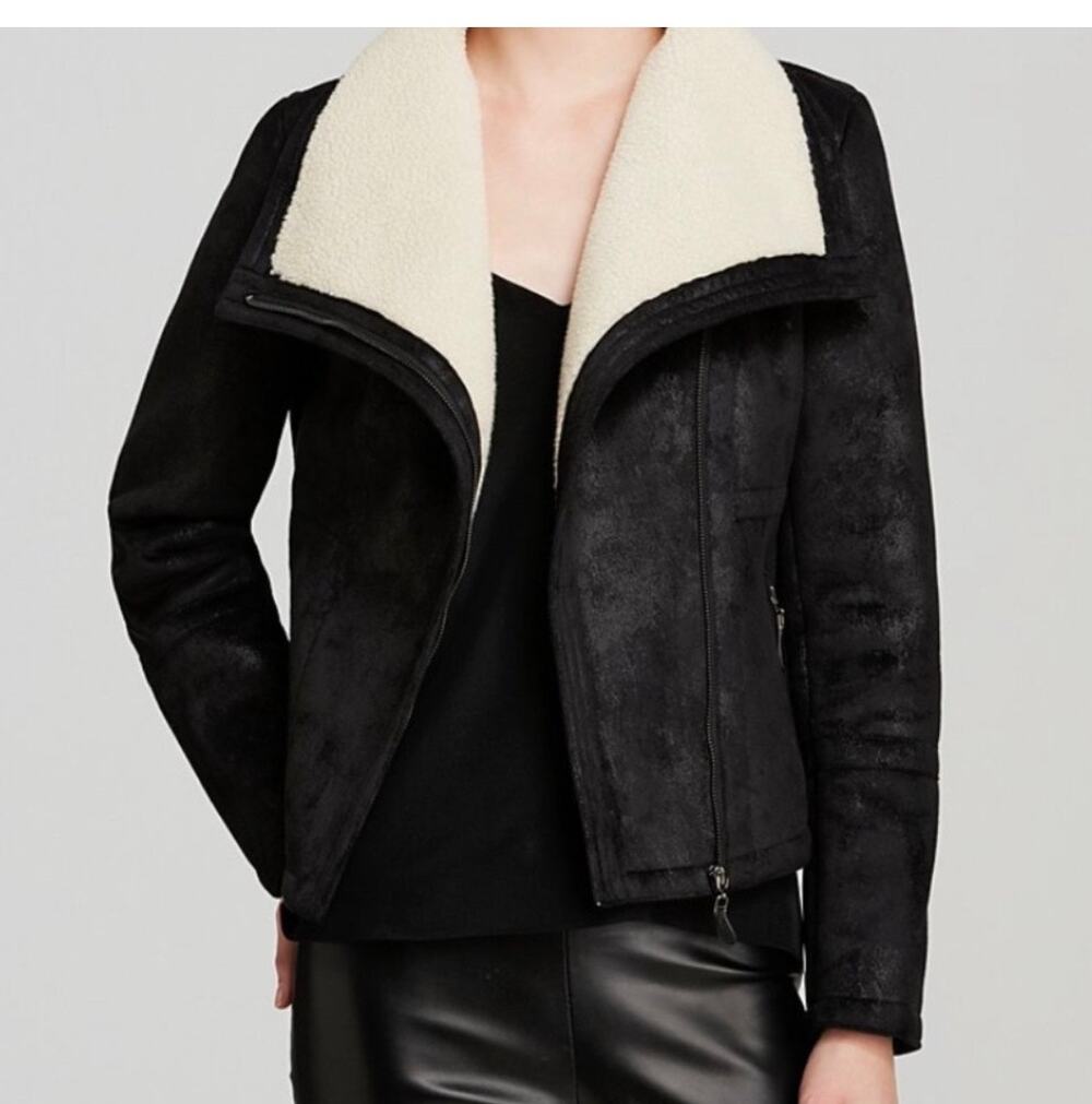$170 Aqua black suede jacket with cream shearling lining #suede